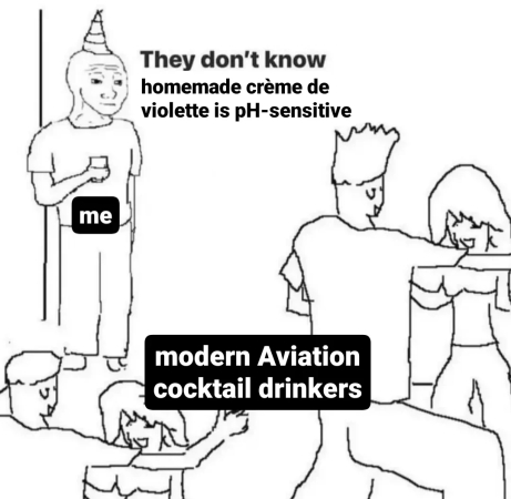 An image of the "They Don't Know" meme, where the people dancing are labeled "modern Aviation cocktail drinkers," the person standing in the corner is "me," and the text reads, "They don't know homemade crème de violette is pH-sensitive."
