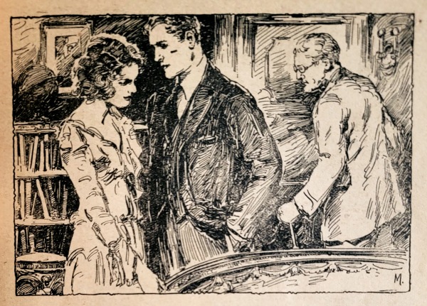 A black and white illustration from the title page. In it, June and Royal stand closely facing each other on the left side of the frame, he with his hands in his pockets and she with her eyes demurely pointed downward. They appear to be in her grandfather's study, and Grandpa himself (seen on the right side of the frame) seems to be walking out of the room.
