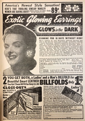An advertisement for "exotic glowing earrings." The illustrations show them as large clip-on (or screw-back) flowers, typical of the era aside from the glow-in-the-dark aspect. "Only 89¢ a pair."