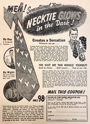 An advertisement for a "Sensational New Necktie Glows in the Dark!" It's described as dark blue, and is depicted with various "V"s (for "victory," of course). "Only 98¢."