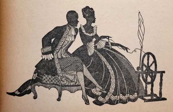 A young man and a woman, dressed in late-18th century clothing, are seated beside each other on a cushioned bench. She's spinning thread on a spinning wheel while he leans toward her in interest. Their profiles read as Caucasian, but the black silhouettes of their skin allow you to view them as non-white if you so choose.